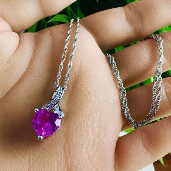 HN Heng Ngai Necklace Pendant Cancer Ribbon Pink Heart CZ Silver Vintage 4410 - Picture 2 of 6